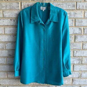 Lizden Long Sleeve Button Up 100% Silk Teal Blue Blouse Women's Size L